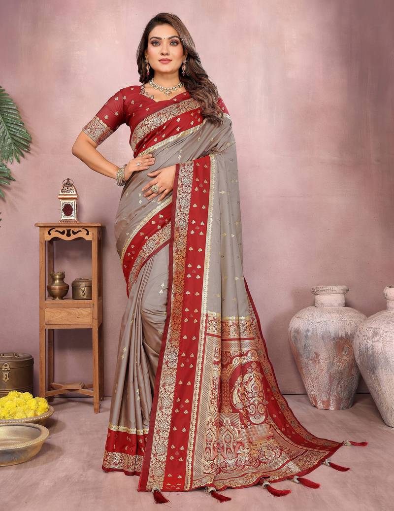 grey color handloom silk blend fabric weaving designer ethnic partywear saree