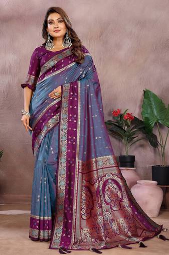 blue color handloom silk blend fabric weaving designer ethnic partywear saree