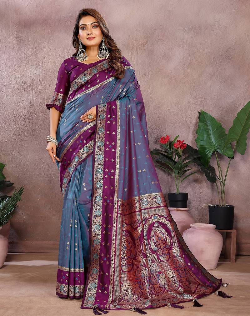 blue color handloom silk blend fabric weaving designer ethnic partywear saree