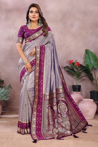 silver grey color handloom silk blend fabric weaving designer ethnic partywear saree