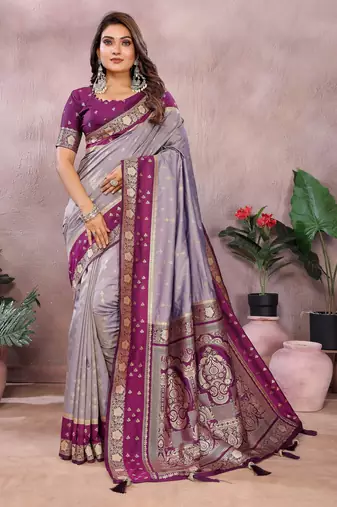 silver grey color handloom silk blend fabric weaving designer ethnic partywear saree