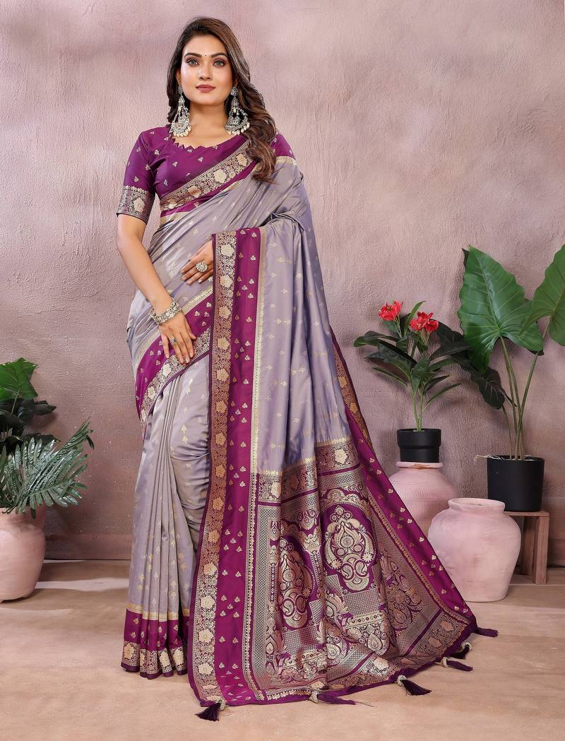 silver grey color handloom silk blend fabric weaving designer ethnic partywear saree
