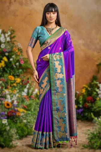 Purple pure handloom saree with matching blouse