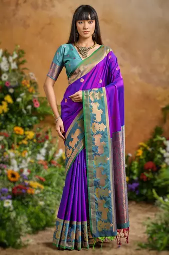 Purple pure handloom saree with matching blouse