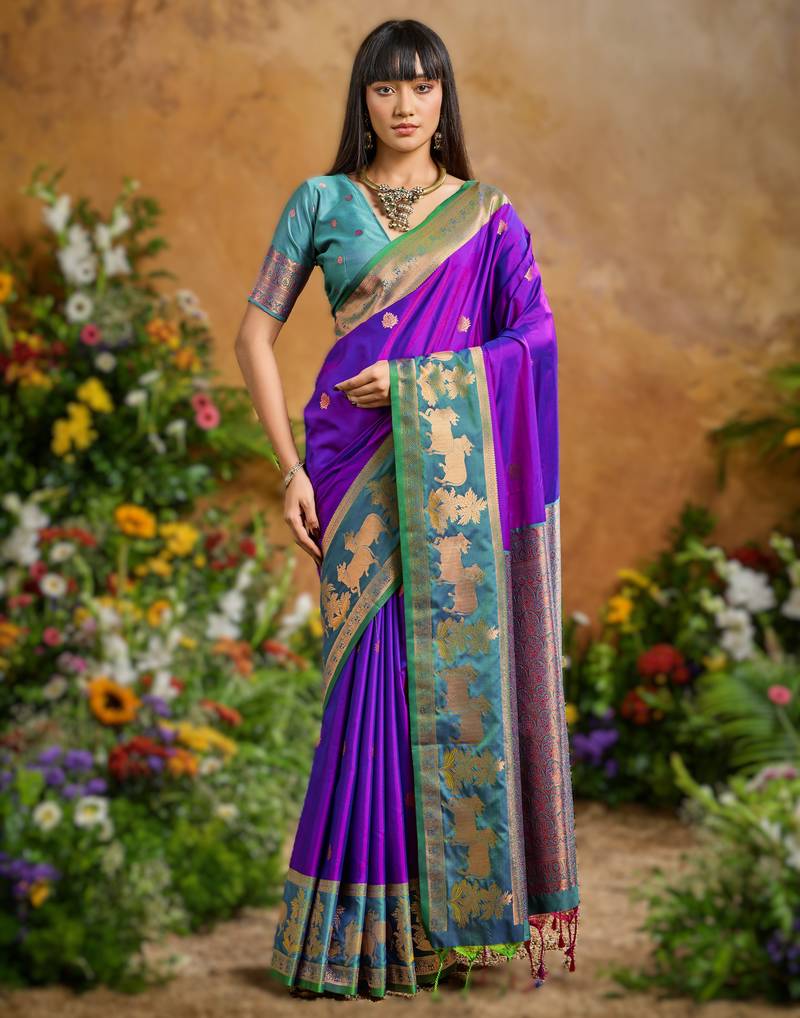 Purple pure handloom saree with matching blouse