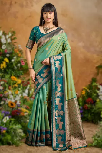 Green pure handloom saree with matching blouse