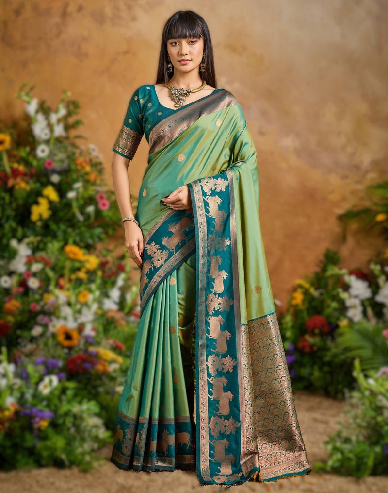 Green pure handloom saree with matching blouse