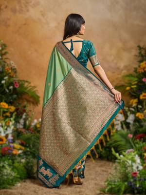 Green pure saree with matching blouse 2