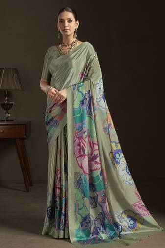 grey color stylish digital printed silk blend crepe fabric saree for trendy looks