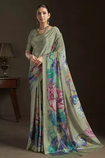 grey color stylish digital printed silk blend crepe fabric saree for trendy looks