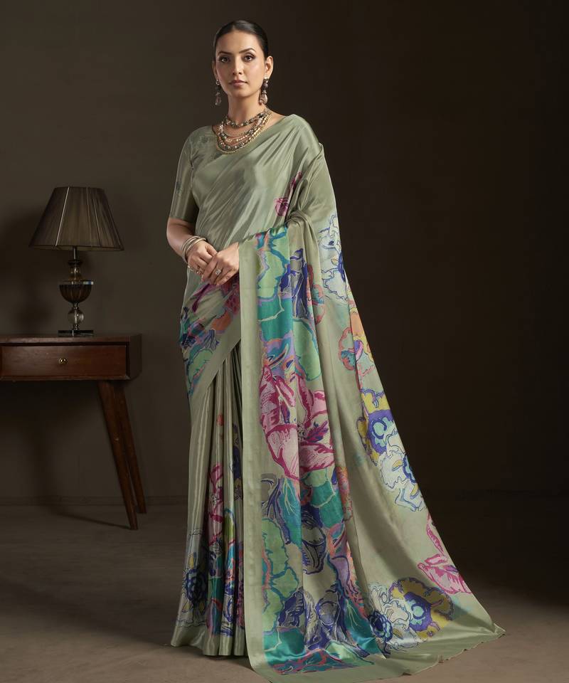 grey color stylish digital printed silk blend crepe fabric saree for trendy looks