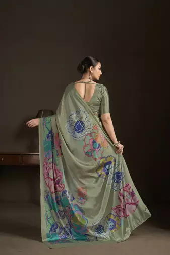 grey stylish digital printed silk blend crepe saree trendy looks