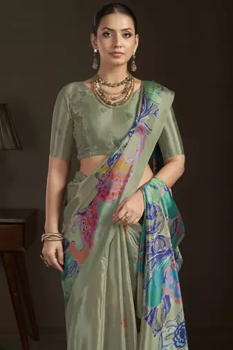 grey stylish digital printed silk blend crepe saree trendy looks