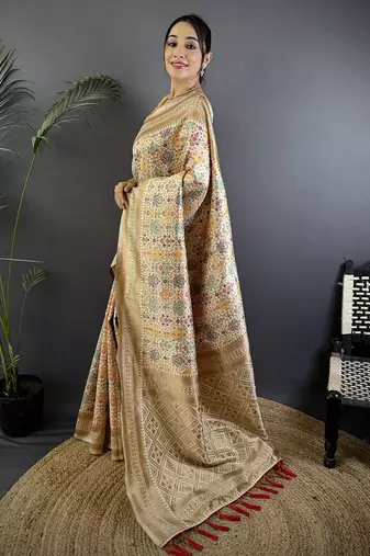 intricate floral & woven motifes cream  soft silk banarasi saree