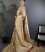 intricate floral & woven motifes cream  soft silk banarasi saree