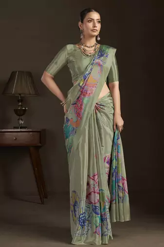 grey stylish digital printed silk blend crepe saree trendy looks
