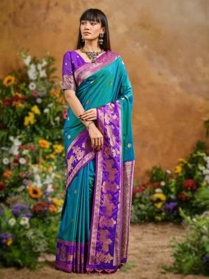 Blue pure saree with matching blouse 1