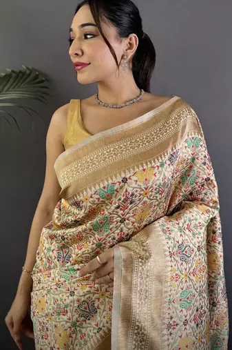 intricate floral & woven motifes cream   soft silk banarasi saree