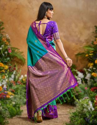 Blue pure saree with matching blouse 2