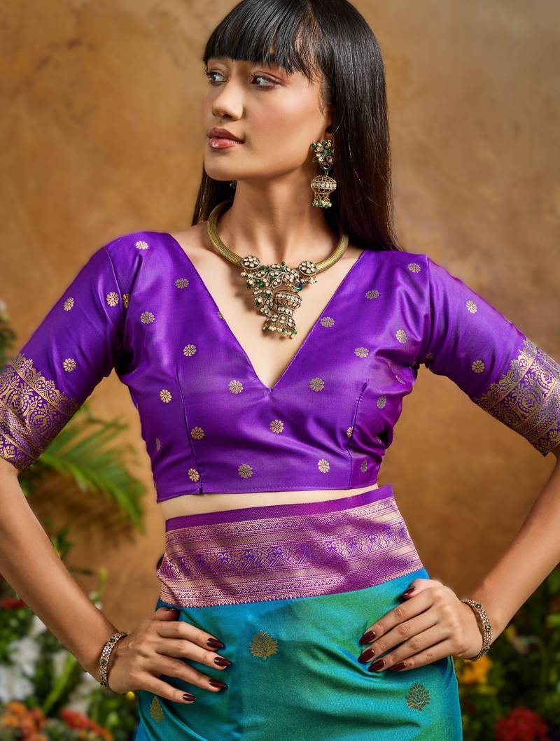 Blue pure handloom saree with matching blouse