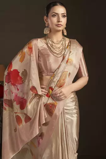peach stylish digital printed silk blend crepe saree trendy looks