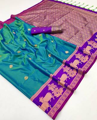 Blue pure saree with matching blouse 4