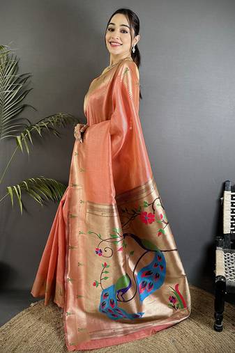 peacock & floral motifs light orange tissue paithani saree