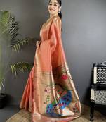 peacock & floral motifs light orange tissue paithani saree