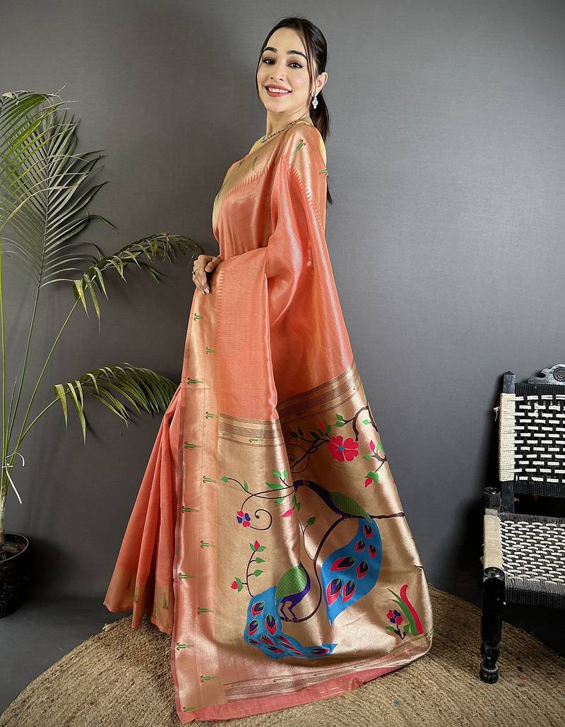 peacock & floral motifs light orange tissue paithani saree