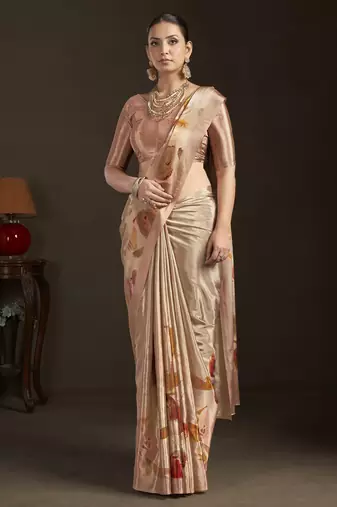 peach stylish digital printed silk blend crepe saree trendy looks