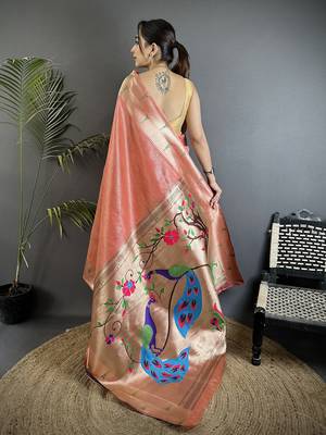 peacock & floral motifs light orange tissue paithani saree 2