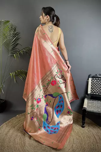 peacock & floral motifs light orange tissue paithani saree