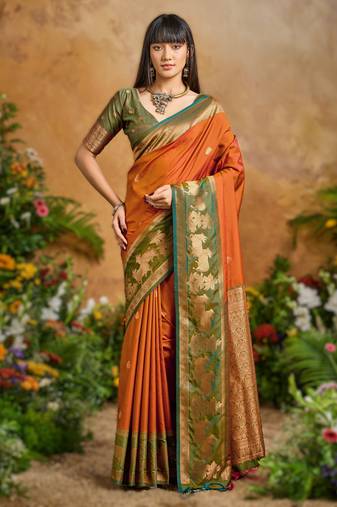 Orange pure handloom saree with matching blouse
