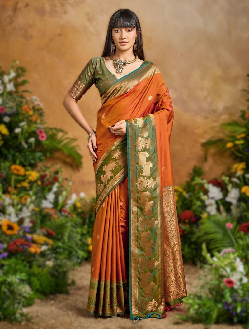Orange pure handloom saree with matching blouse