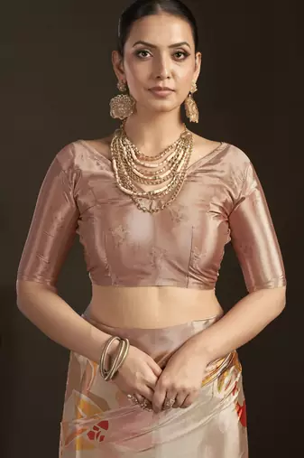 peach stylish digital printed silk blend crepe saree trendy looks