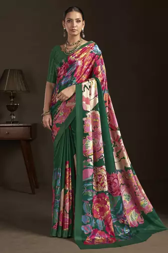 green color stylish digital printed silk blend crepe fabric saree for trendy looks