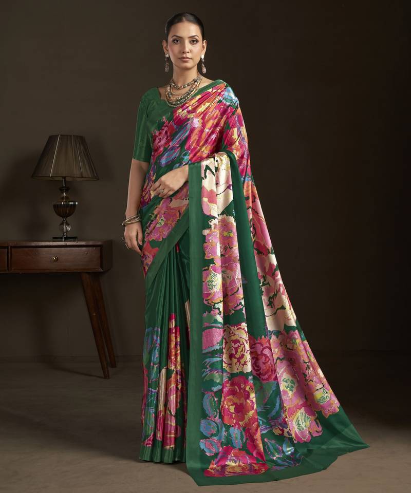 green color stylish digital printed silk blend crepe fabric saree for trendy looks