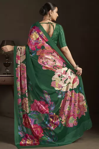 green stylish digital printed silk blend crepe saree trendy looks