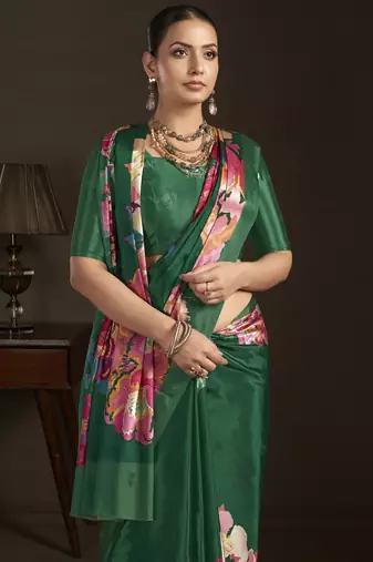 green stylish digital printed silk blend crepe saree trendy looks