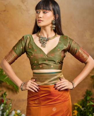 Orange pure saree with matching blouse 3