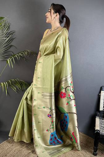 peacock & floral motifs pista green tissue paithani saree