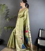 peacock & floral motifs pista green tissue paithani saree