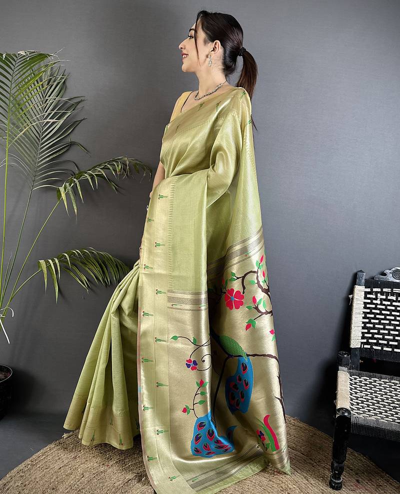 peacock & floral motifs pista green tissue paithani saree
