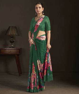green stylish digital printed silk blend crepe saree trendy looks 4