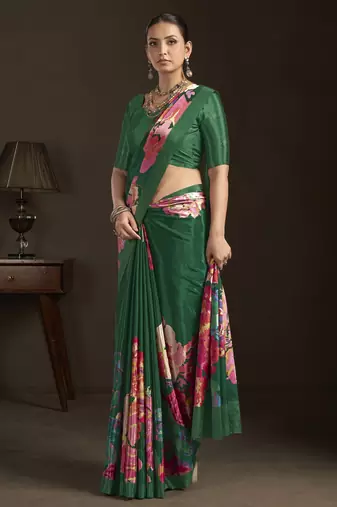 green stylish digital printed silk blend crepe saree trendy looks