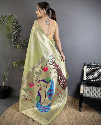 peacock & floral motifs pista green tissue paithani saree 2