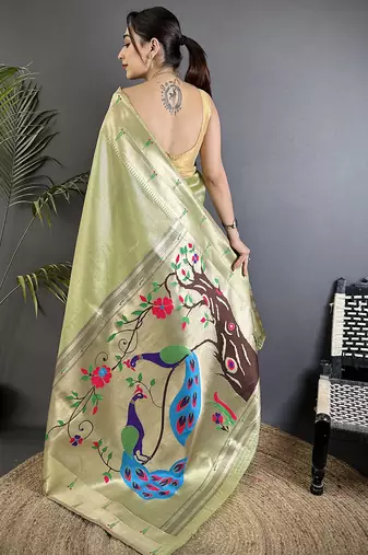 peacock & floral motifs pista green tissue paithani saree