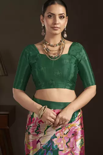 green stylish digital printed silk blend crepe saree trendy looks
