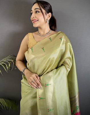 peacock & floral motifs pista green tissue paithani saree 3