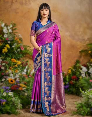 Rani pink pure saree with matching blouse 1